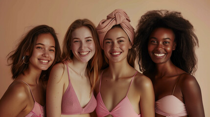 A quartet of friends stand closely, adorned in chic lingerie, their natural smiles and relaxed postures conveying a message of comfort and self-acceptance - obrazy, fototapety, plakaty