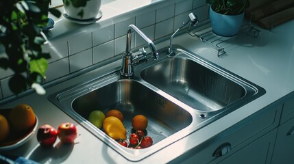 A bright European kitchen with stainless steel sink, with faucet, white cabinets, next to a few fruits - obrazy, fototapety, plakaty