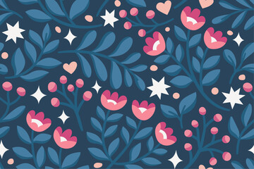 Vector pattern with simple cute flowers. Liberty seamless background. Trendy colors illustration for fashion textile. - 758931398