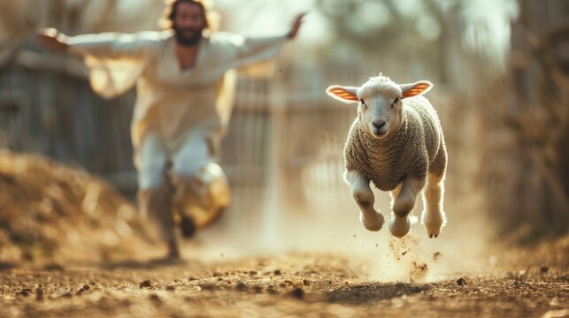 a breathtaking image of a single lamb in sharp center focus. and in the background an out of focus but recognizable image if full body shot of Jesus Christ.