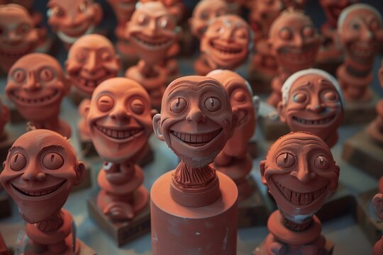 A collection of tiny, realistic smiley sculptures made from red clay, each with a unique expression, displayed on a mini pedestal under museum-quality lighting.