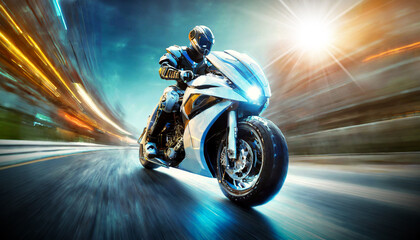 Bottom view and side view of a humanoid robot riding a futuristic high speed motorbike against an abstract image with motion blur. Generative Ai.