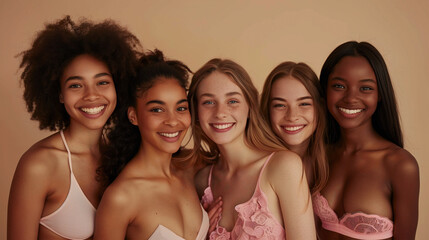 Five friends in delicate, light-colored lingerie smile and pose together, showcasing blend of casual beauty and effortless grace against peach backdrop. The natural and comfortable side of femininity - obrazy, fototapety, plakaty