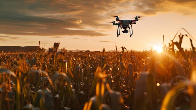 Aerial View of Drone Over Cornfield at Sunset Under a Dramatic Sky