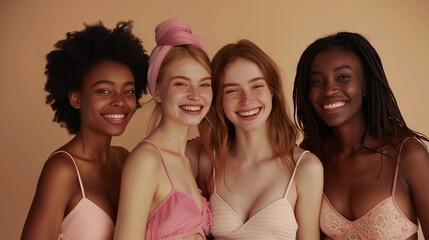 Obraz premium A group of young women with radiant smiles and curly hair stand together in light-toned swimwear, showcasing diversity and joyful expressions in a cohesive and natural setting