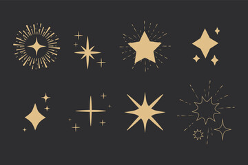 Set sparkle fireworks, star blink doodle gold sparkle holiday party explosion isolated on dark background. Golden magic celestial starburst