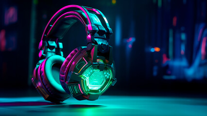 Fototapeta na wymiar A pair of futuristic headphones with neon lights on them.