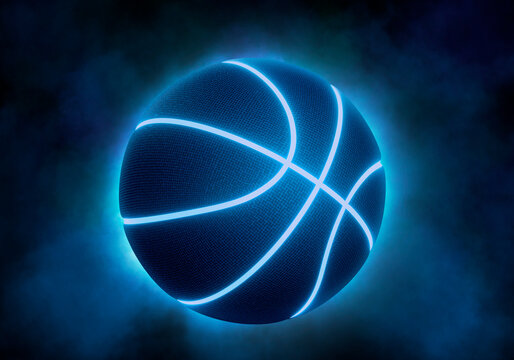 black basketball with bright blue glowing neon lines on black background with smoke