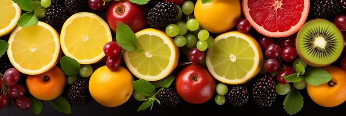 Fresh vitamin mix of fruits and berries background, backdrop, banner, texture top view