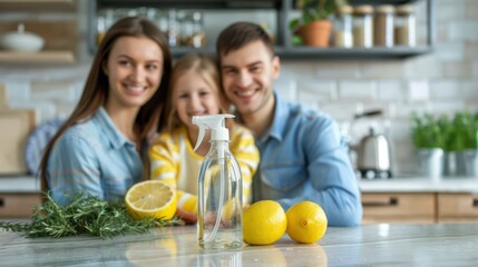 a happy family around a glass spray bottle for a natural essential oil cleaner on a clean kitchen counter