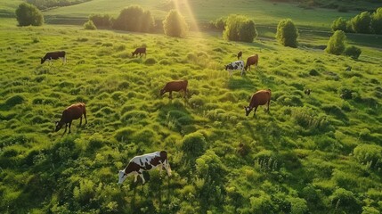 a group of cows are grazing on a green pasture  - obrazy, fototapety, plakaty