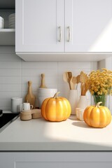 A cozy kitchen counter with decorative flowers and pumpkins. Ideal for home decor projects