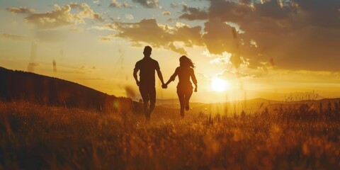 A man and a woman walking through a field at sunset. Ideal for romantic concepts