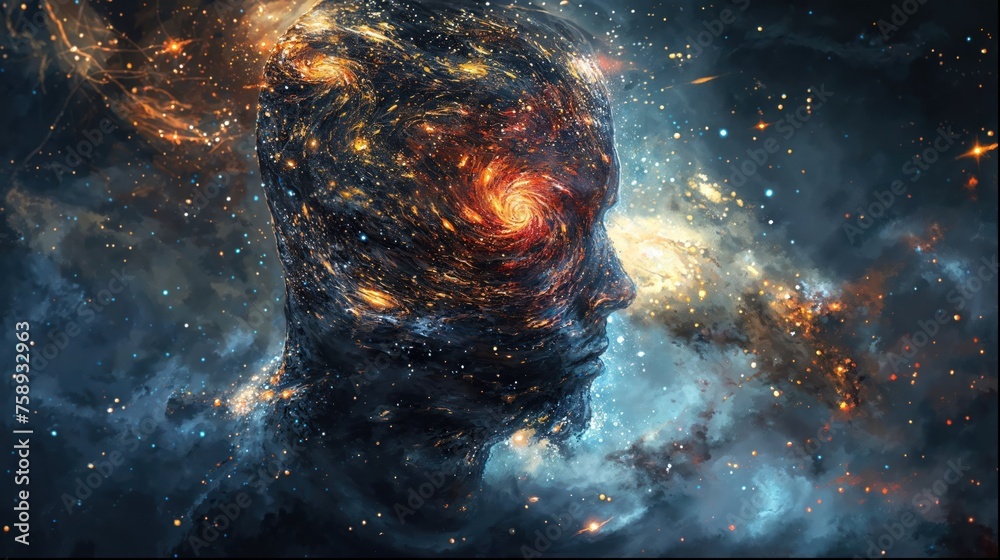 Wall mural surreal digital art of a human profile with galaxy patterns replacing the brain, enhancing the conce