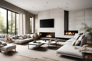 a modern living room with a stylish corner sofa, accentuated by a chic fireplace, harmonizing contemporary design with timeless warmth.