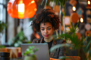 Afro Woman Working on Laptop. Young African woman with curly hair concentrating on her work on a laptop in a modern cafe. - obrazy, fototapety, plakaty