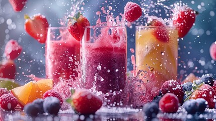 A vibrant display of fresh fruits and smoothies with a top view, highlighting healthy lifestyle and natural food choices. - obrazy, fototapety, plakaty