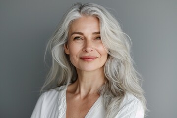 Elderly woman with grey hair wearing a white shirt. Suitable for lifestyle and healthcare concepts © Ева Поликарпова