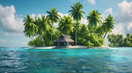 Foto op Canvas A serene island with a traditional thatched hut surrounded by palm trees. Perfect for travel and vacation concepts © Ева Поликарпова
