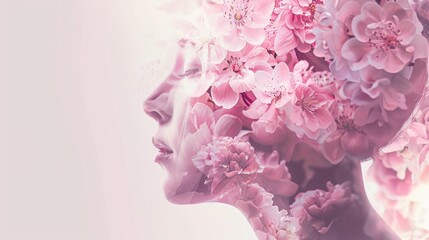 A serene portrait of a woman with a vivid double exposure of delicate flowers, creating a dreamy and romantic visual metaphor