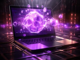 A pastel purple laptop with an open lid, displaying a Bitcoin sign shining brightly on the screen,...