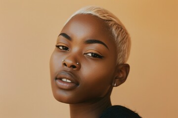 Close up of a woman with a nose piercing. Suitable for beauty and fashion content - obrazy, fototapety, plakaty