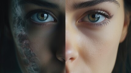 Close-up portrait of a woman with striking blue eyes. Ideal for beauty and skincare concepts - obrazy, fototapety, plakaty
