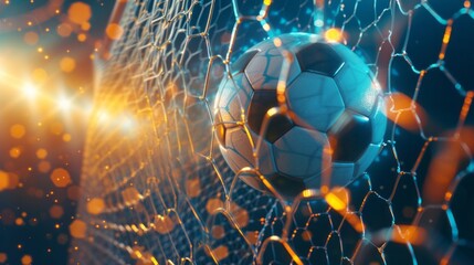 Soccer ball breaks the soccer net with copyspace for text