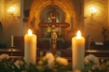a large wooden cross with a golden crucifix on the cross. In front of the cross are three lit white candles with orange-yellow candle light. 