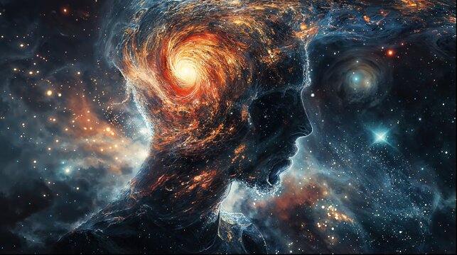 Stunning profile imagery creatively infused with galactic elements, stars, and celestial whirls representing cosmic life