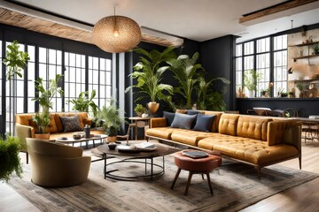 a contemporary lounge with a mix of eclectic furnishings, artistic decor, and a touch of greenery, showcasing the versatility of interior design.