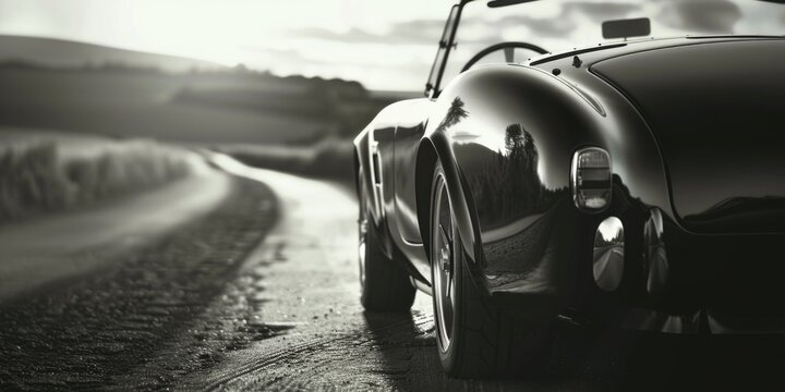 Black and white photo of a car on a road. Suitable for travel and transportation concepts