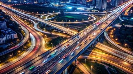 Fototapeta na wymiar Aerial View of Road Traffic Jam on Multi-lane Highway at Night - Long Exposure City Scene