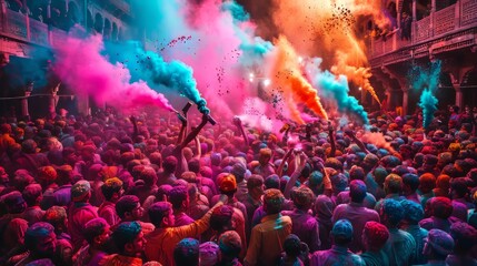 multi color holi colors over the crowd
