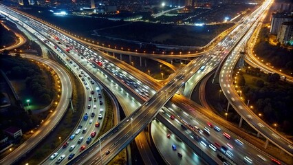 Fototapeta na wymiar Aerial View of Traffic Jam on Multi-lane Highway at Night