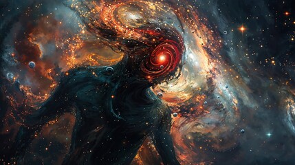 The artwork shows a female figure with a vibrant, cosmic swirl replacing her head, evoking a sense of universal connection