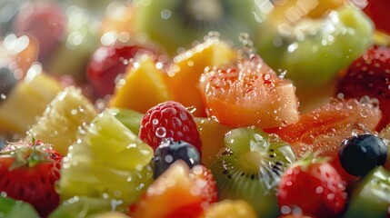 A close up of a bowl of fruit with water droplets. Ideal for healthy eating concepts