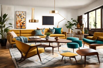 a mid-century modern living room with iconic furniture, geometric patterns, and a bold color palette, capturing the timeless allure of mid-century design.