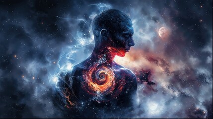 Abstract digital artwork of a human form with a galaxy at its core, blur on face to focus on the universality of the concept - 758935947