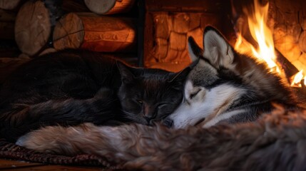 A photo of a black cat curled up beside a Siberian husky, with the cozy warmth of a log cabin in the background - Powered by Adobe