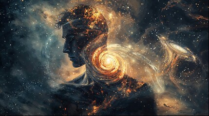 An evocative image of a man's silhouette with a conscious galaxy inside, contemplating existence within the universe