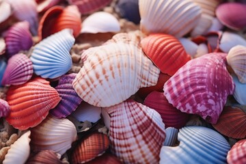 Various colored shells scattered on sandy beach. Perfect for travel and vacation themes