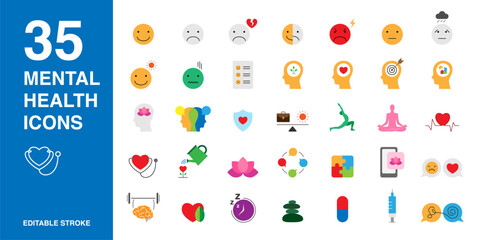 Mental Health and Emotional State icon set in color style. Mental Health and Emotional State simple colorful style symbol sign for apps and website and infographic vector illustration.
