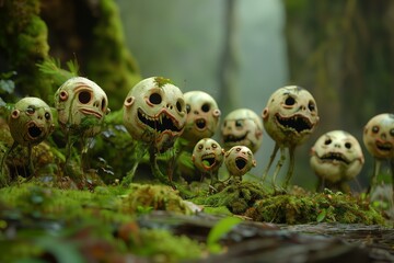 A fantastical, grotesque scene of miniature smileys with exaggerated features, emerging from a mossy, ancient forest floor, rendered with an eerie realism that captivates the viewer. - obrazy, fototapety, plakaty