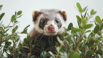 A close up view of a ferret hidden in a bush, blending into its natural habitat - obrazy, fototapety, plakaty