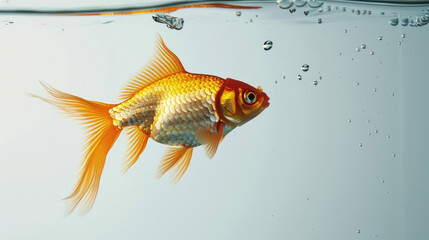 A goldfish swims gracefully in the water, surrounded by bubbles