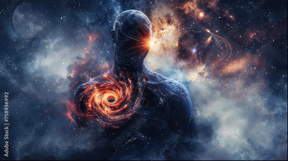 Sticker an artistic image blending the human form with the captivating elements of swirling stars and expans