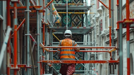 Fototapeta premium a worker on a construction site, with a scaffolding between them