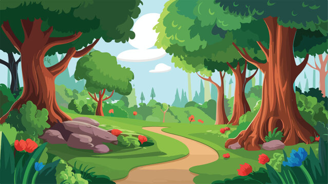 cartoon forest scene with various forest trees, illustration, 3d render