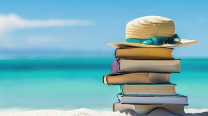 A straw hat rests atop a pile of books on white sand against a backdrop of turquoise sea and blue sky